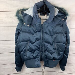 rosewood hooded jacket puffer Medium M Blue Western Velour Pocket Cropped Zipper